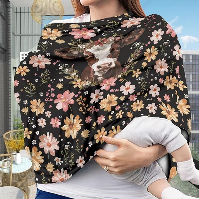 Wanyint Brown Cow Floral Stretchy Baby Car Seat Cover for Baby, Nursing Breastfeeding Covers,Shopping Cart/High Chair/Stroller Covers,Infinity Scarf,Car Seat Canopies