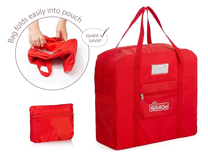 KiddiGo Booster Seat Travel Bag for Airplane, Red, 17" H x 16.5" W x 9.5" D, Fits Most Backless Booster Seats, Easy to Carry with Luggage Handle, Durable Zippers & Front Small Pocket
