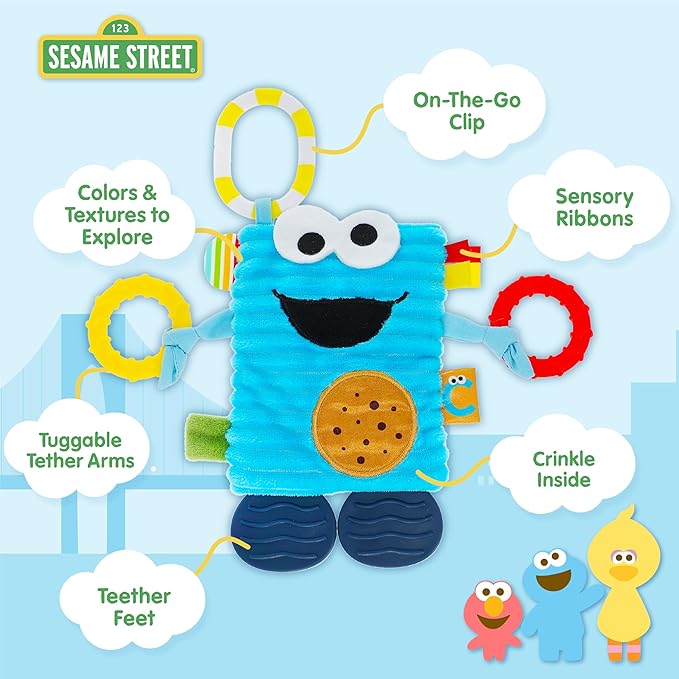 Kids Preferred Sesame Street Cookie Monster Tug & Tag Plush Sensory Toy for Newborns