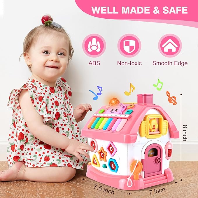 Toddler Girl Toys for 1 Year Old, Montessori Toys for 1 Year Old Girl Birthday Gift, 8 In 1 Pink Baby Musical Learning House with Sound Light Music, Creative Gifts for Baby Toys 6-12 18 Months