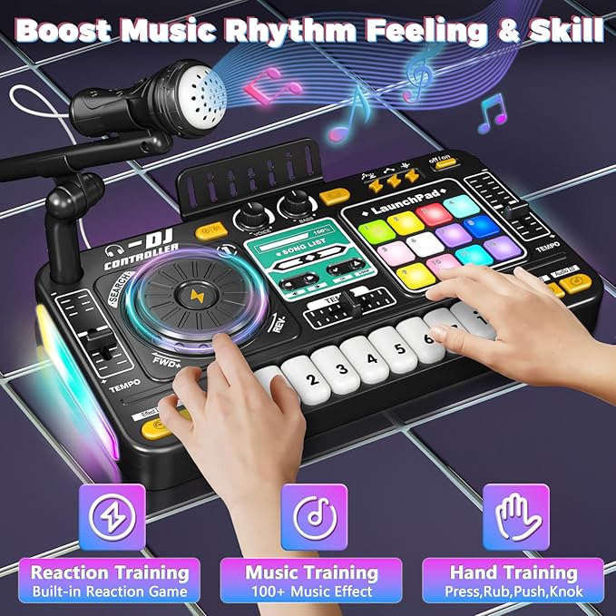 OZMI Kids DJ Music Mixer Table Board Set Toy with Microphone, Lights – Interactive Musical Toys for Ages 3-12 | 100+ Sounds, Piano Keys, Disco Mode, Rechargeable for Kids Boys & Girls