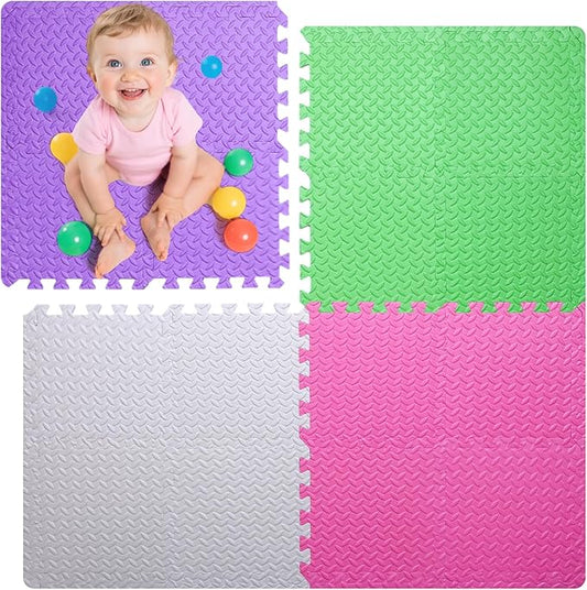 Coolcandy Baby Foam Play Mat 16Pcs with Edge Strips, 4 Colors Interlocking Floor Tiles, 0.4″ Thickened Non-Slip Puzzle Floor Mat for Infants Toddlers Playroom & Daycare