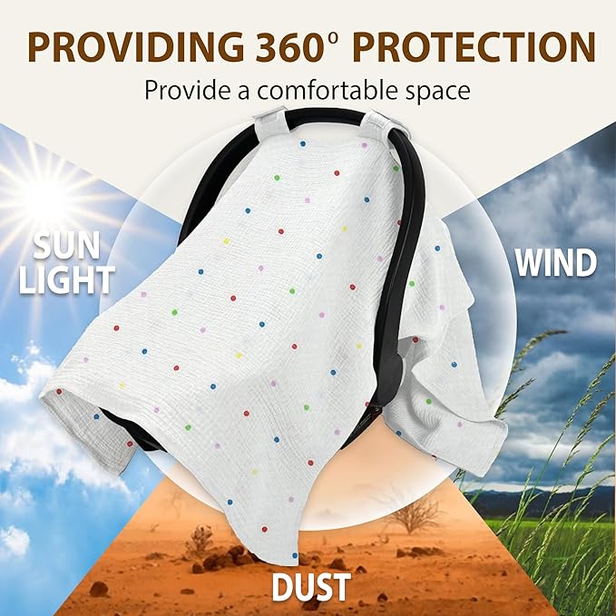 100% Organic Muslin Cotton Car Seat Cover 35 x 50 Inches Soft Touch Breathable Canopy, Protective Car Seat Cover Baby All Seasons Lightweight Car Seat Cover Travel Comfort (Multi-Color Dots)