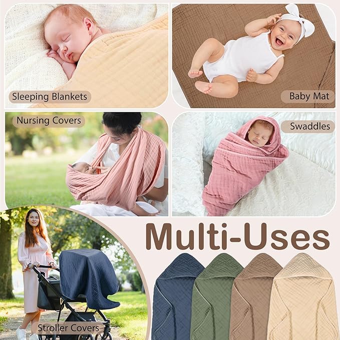 Peryiter 4 Pcs Muslin Hooded Baby Towels 32 x 32 Inch Cotton Newborn Bath Essentials Muslin Infant Blankets Absorbent Registry Gifts for Girl Boy Kids Baby Shower (Green)