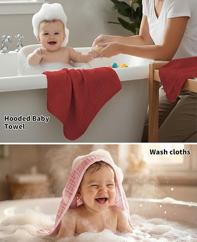 6Pcs Baby Muslin Hooded Bath Towels and Washcloths,32"x 32" Muslin Cotton Hooded Baby Towels for Newborn Shower
