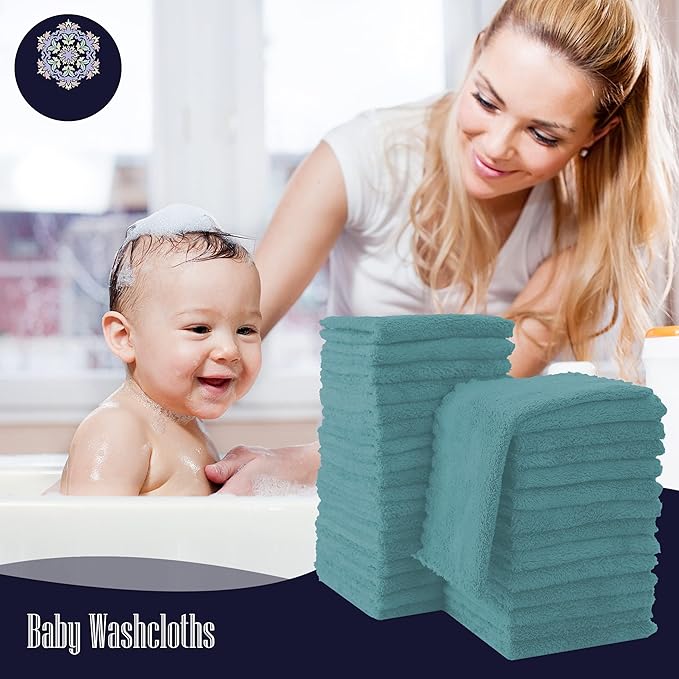 32 Pack Baby Washcloths - Luxury Coral Fleece - Absorbent and Soft Wash Clothes for Newborns, Infants and Toddlers Baby boy and Girl - Suitable for Sensitive Skin and New Born - Teal, 10x10 Inch