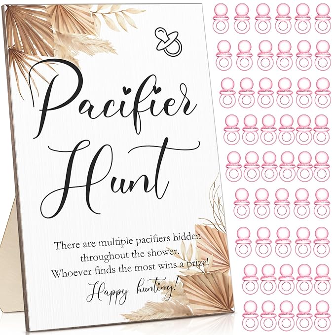 Roowest 51 Pcs Pacifier Hunt BabyShower Games Include Wooden Hunt Sign and 50 Acrylic Mini Plastic Pacifiers for BabyShower Game Decoration Gift Sets Gender Reveal Party