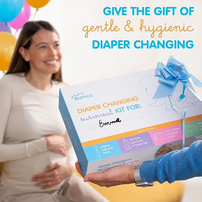 Bumco Baby Essentials Set - Personalized Diaper-Changing Baby Shower Gifts for Girls, Baby Gift Set with 2 Baby Bum Brushes (Original & Mini) + Diaper Clutch Bag + Wipes Wristlet, Newborn Gift Set