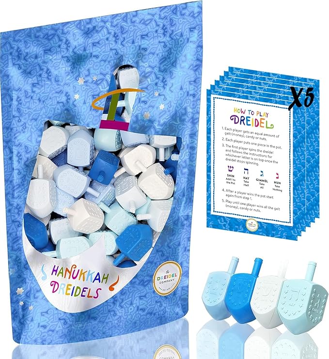 Hanukkah Blue and White Plastic Pastel Colored Dreidel, for Children, Boys and Girls, Party Favors (50-Pack)