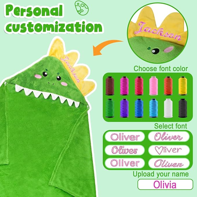 Custom Hooded Baby Towels with Name, Personalized Bunny Easter Gifts for Toddlers, Custom Baby Bath Towels for Newborn, Ultra Soft and Absorbent, Ideal for Girl Boy (Dinosaur)