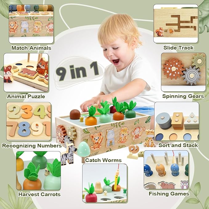Montessori Wooden Toys for 1+ Year Old, 9 in 1 Montessori Toddler Toy with Preschool Educational Toys for 2+ Year Old, Birthday for Boys Girls