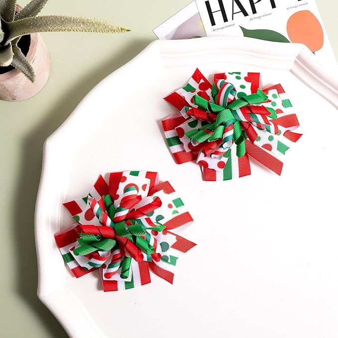 Christmas Hair Bows Clip Girls Red White Green Ribbon Stripe Polka Dot Cheer Bow Korker Curly Flower Ball Hairbow Alligator Barrette Pins Kids Xmas Holiday Decor Accessory Gift