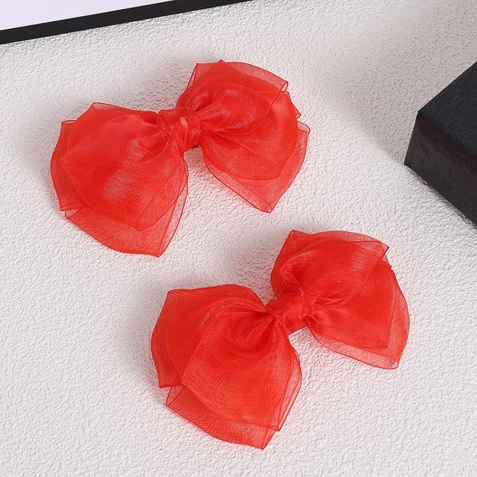 Poppy Red Mesh Ribbon Hair Bows Clips 4" Valentines Tulle Bow-Knot Alligator Barrettes Hairpins Christmas New Year Outfits Decor Accessories Gift for Toddler Teen Girls Kids