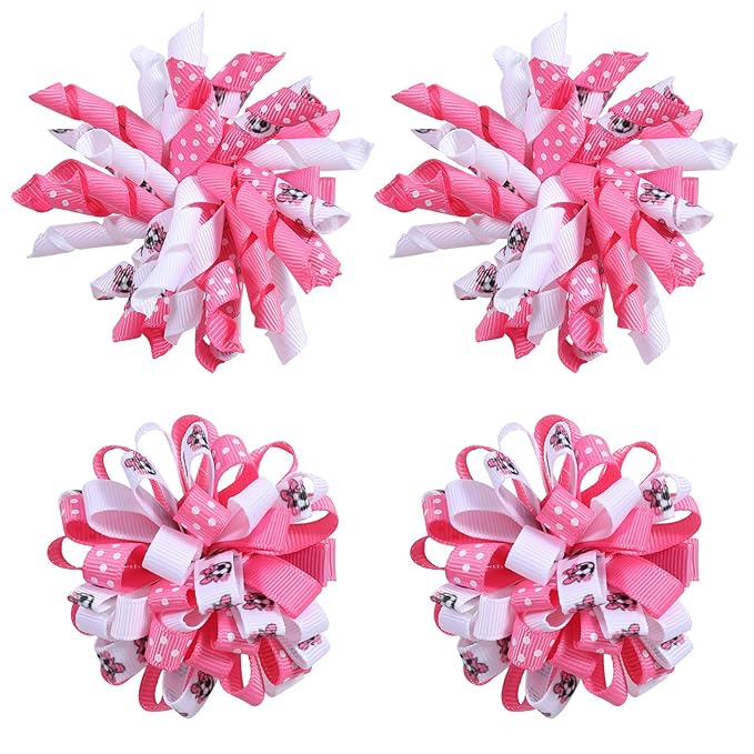 Soccer Korker Cheer Bows Hair Clips Girls 4pc Cute Pink & White Football Sport Curly Corker Ribbon Alligator Barrettes Game Day Accessories Soccer Moms Kids Player Birthday Gift