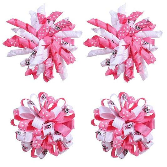 Soccer Korker Cheer Bows Hair Clips Girls 4pc Cute Pink & White Football Sport Curly Corker Ribbon Alligator Barrettes Game Day Accessories Soccer Moms Kids Player Birthday Gift