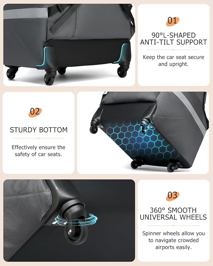 MCBD Car Seat Travel Bag for Airplane, Foldable Baby Carseat Backpack for Travel Padded Carseat Carrier for Airport Gate Check, Infant Stroller Cover with Reflective Strips
