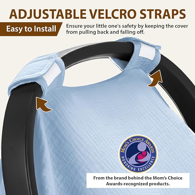 100% Organic Muslin Cotton Car Seat Cover 35 x 50 Inches Soft Touch Breathable Canopy, Protective Car Seat Cover Baby All Seasons Lightweight Car Seat Cover Travel Comfort (Blue)