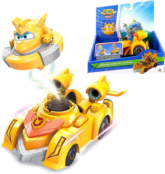 Super Wings Golden Boy Spinning Battling Tops & Cars Toys, Yellow Car Toys for Kids Age 3+, Little People Race Toy Cars for Boys and Girls, Best Gifts for Kids Boys Girls