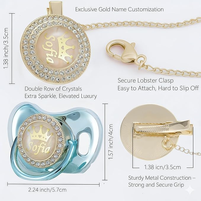 Personalized Bling Pacifier Box and Pacifier Set Unique Gift to New Bron Baby Baby Shower Gift (Gold Blue)
