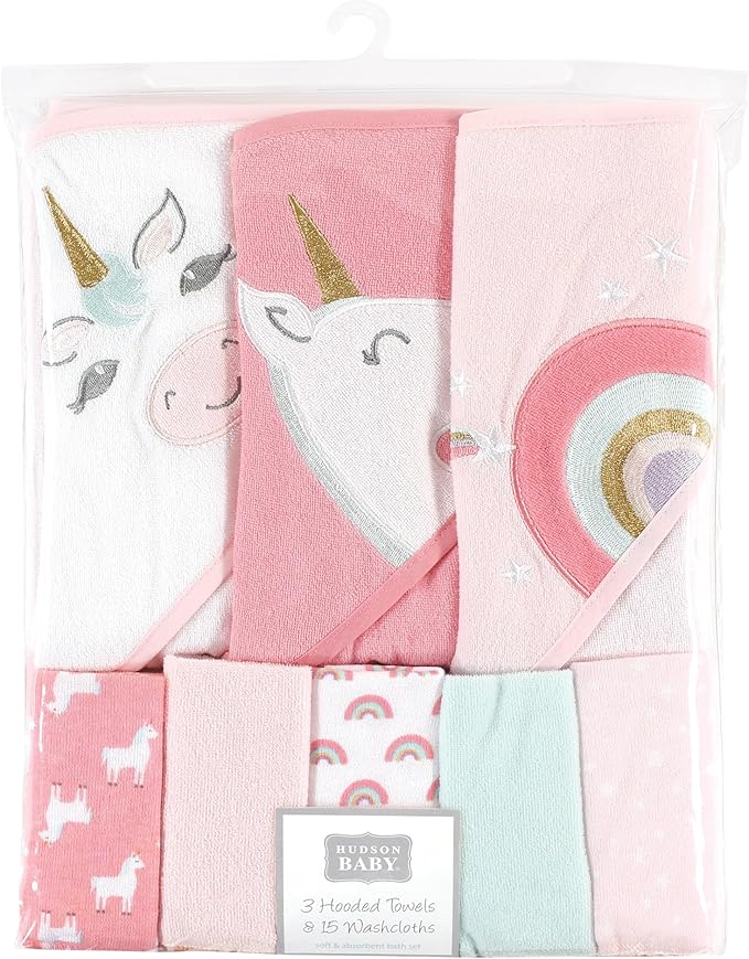 Hudson Baby Unisex Baby Animal Hooded Towel 3pk and 15 Washcloths, Unicorn, One Size