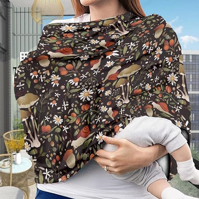 GIFTPUZZ Brown Mushroom Snail Car Seat Covers for Baby Stroller Canopy Stretch Scarf Stretchy Ultra Soft Nursing Cover High Chair Cover Multi-Use