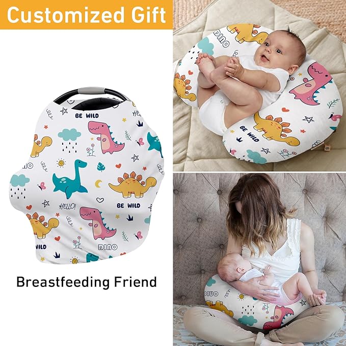 Custom Name Car Seat Canopy - Baby Car Seat Covers, Pink Dinosaur Print Infant Stroller Cover, Carseat Canopy Christmas Birthday Gifts for Girls and Boys(27"x29")