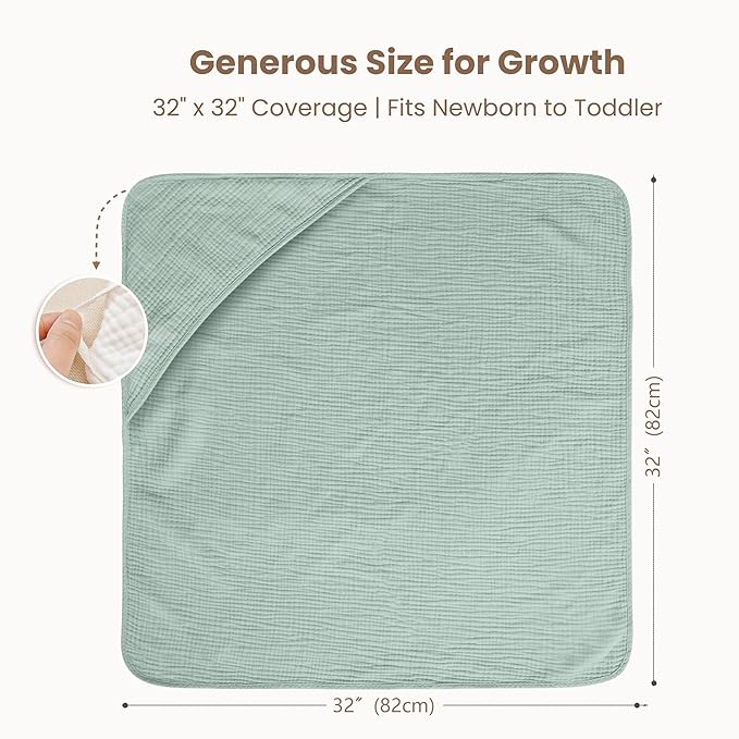 Konssy 2-Pack Muslin Hooded Baby Towels, 100% Cotton, Ultra-Soft & Absorbent Baby Bath Towels with Hood for Newborn & Infant (Green, Leafy,32" x 32")