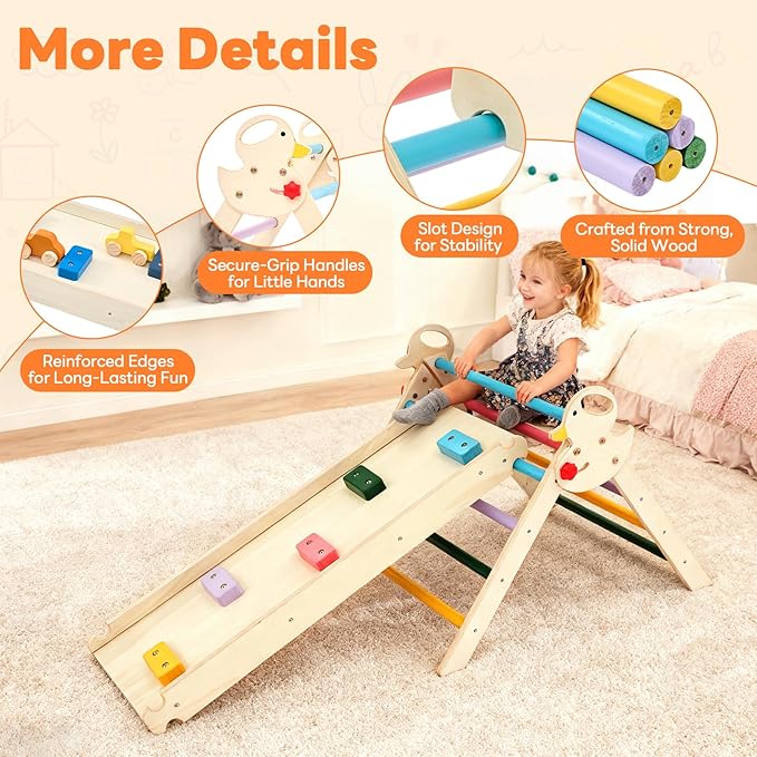 DUMOS Pikler Triangle Set, Toddler Climbing Toys and Play Structure Indoor, 9-in-1 Wooden Montessori Climbing Set with Arch, Ramp and Ladder, Foldable Baby Jungle Gym, Multicolored