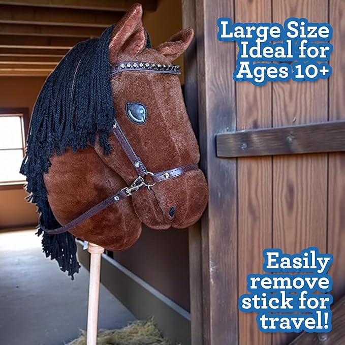 Playful Minds Large Hobby Horse for Kids and Adults – Show Quality with Rhinestone Studded Bridle, Removable Reins, and Long Mane – Plush Handmade Tournament Stick Horse (Bay (Brown))