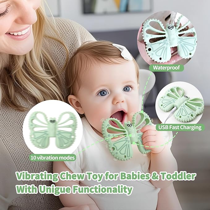 Vibrating Sensory Chew Toy for Autistic Children - USB fast charging, 10-speed vibration baby teether, Rechargeable Teether for Babies 18 Months, Autism Sensory Toys & Calming Chew Toys (Green)