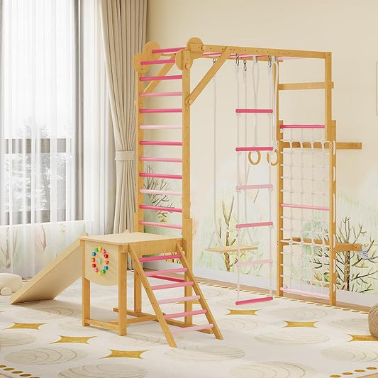 PeakPursuit 8-in-1 Indoor Jungle Gym for Kids Ages 3-10, Wooden Climbing Structure with Slide, Swing, Monkey Bars, Gymnastic Rings, Climbing Rope – Indoor Playground Toy – Natural Wood Pink