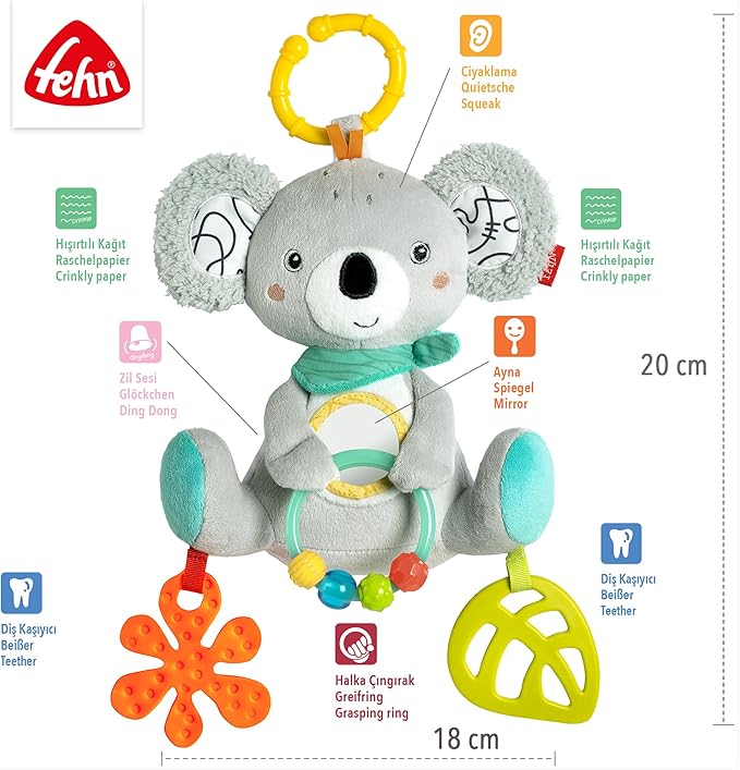 Fehn Activity-Koala – Baby Motorikspielzeug für Kinderwagen, Kinderbett und Babyschale – zum Beißen, Greifen und Geräusche erzeugen – Spielzeug für Babys und Kinder ab 3+ Monaten