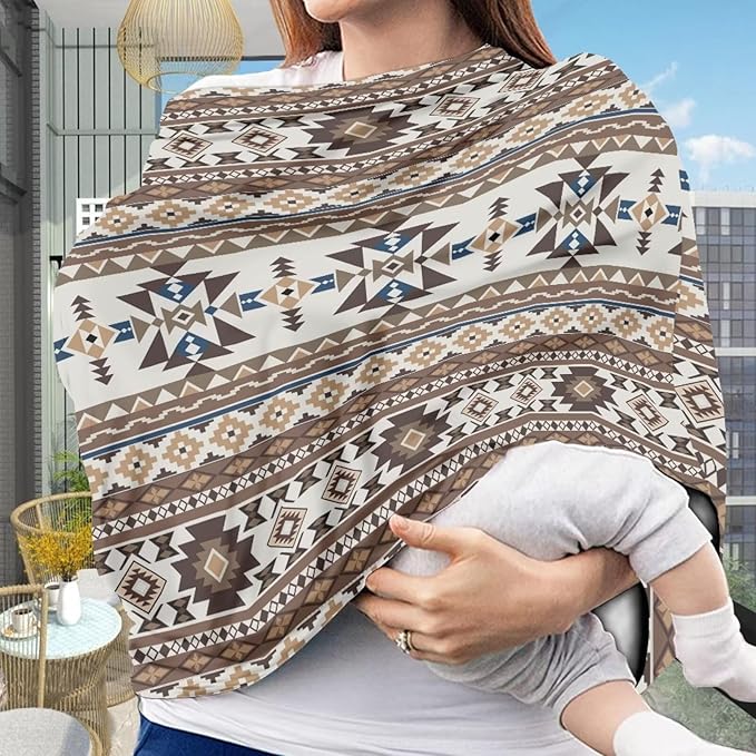 Binienty Light Brown Tribal Geometric Car Seat Cover for Babies, Breathable Breastfeeding Scarf for Moms, Extra Soft and Stretchy Nursing Covers for Boys Girls