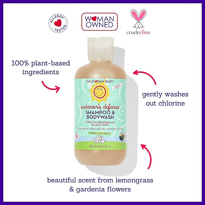 California Baby Swimmer’s Defense Baby Wash + Baby Shampoo | After Swim Hydrating Shampoo | 100% Plant-Based | Gentle Chlorine Removal | 8.5 oz