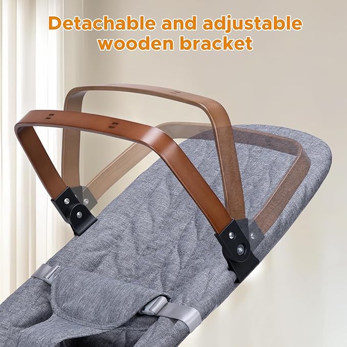 Portable Baby Bouncer, Bouncer Seat for Babies 0-12 Months, 3 Recline Positions, Foldable Baby Rocker Chair with Removable Wooden Bar, Gray