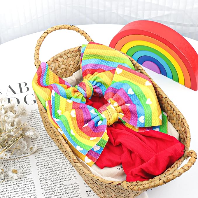 Toddler Hair Bows Gay Pride Hair Accessories, 2 Pcs 6 inches Rainbow Newborn Headbands Big Bows for Infant Girl - Rainbow Diagonal Stripe & Rainbow Stripe with White Heart Patterns