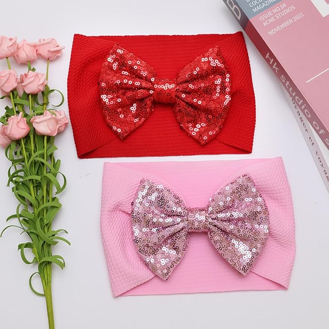 Baby Headbands, 2PCS Pink and Red Bows Polyester Hair Accessories for Baby Girls 0-6 Months, One Size Fits All, Valentine Gift