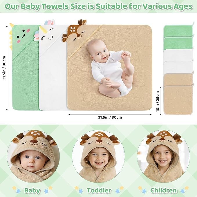 CandyHome 9 PCS Baby Bath Towels for Infants Toddlers, 3 PCS Animal Hooded Baby Towels & 6 PCS Washcloths Set, Ultra Absorbent Soft Cute Newborn Bath Essentials Gifts for Boys & Girls