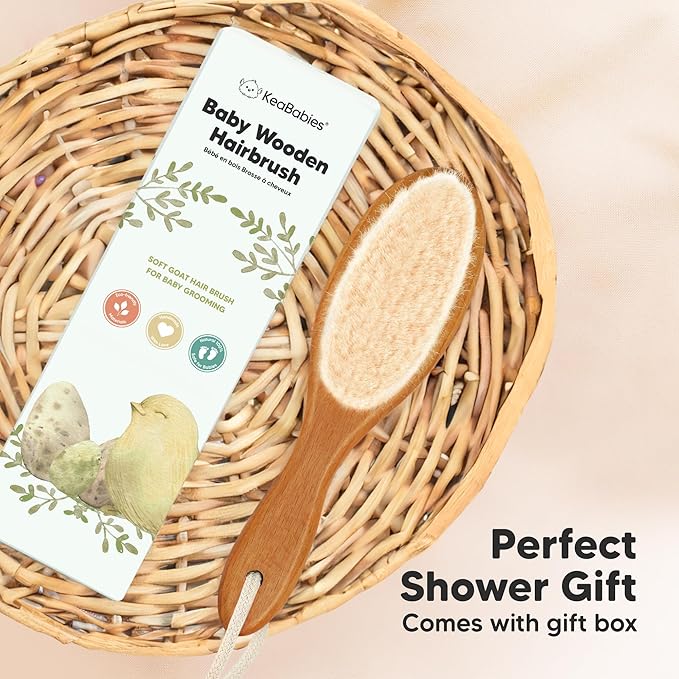 Wooden Baby Hair Brush for Toddler Girls, Boys - Cradle Cap Brush for Babies, Soft Goat Bristles, Perfect Gentle Scalp Newborn Comb for Infant, Girls, Boys, Bath Essentials (Golden Oak, Regular)