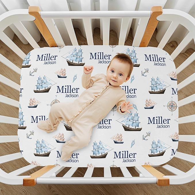 Personalized Pack and Play Sheets with Name, Custom Nautical Ship Baby Mini Crib Sheets for Baby Boys Girls, Name Pack n Play, Fitted Sheet with Name, Soft and Breathable Material