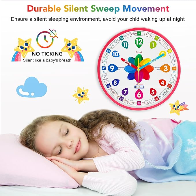 Homotte Learning Clock for Kids, 10 Inch Telling Time Pink Wall Children's Silent Non-Ticking Teach Educational Clock for Bedroom, Classroom Girls Home Decor