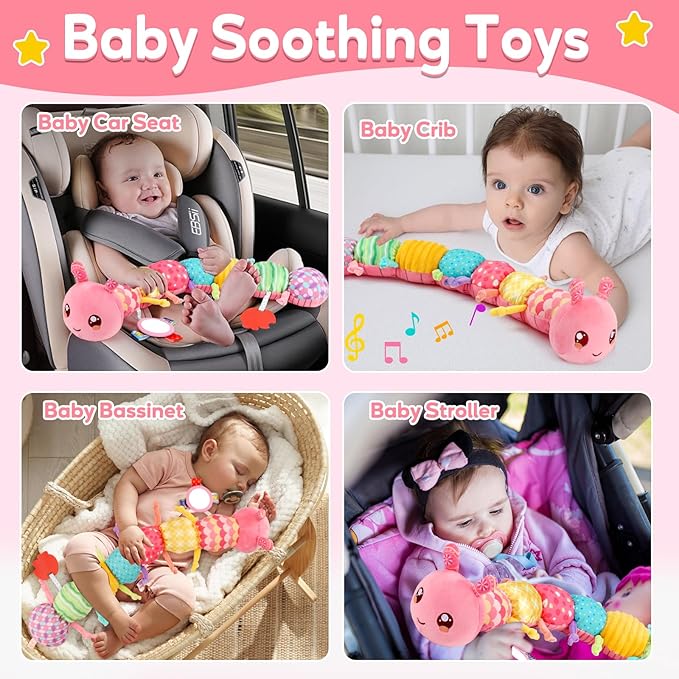 Baby Girls Toys 0-6 Month Music Animal Stuffed Caterpillar Toy for Infant 0-3 3-6 Months Mirror Crinkle Rattle Tummy Time Sensory Toys for 3 4 5 6-12 Month Old Newborn Baby Shower Easter Gifts