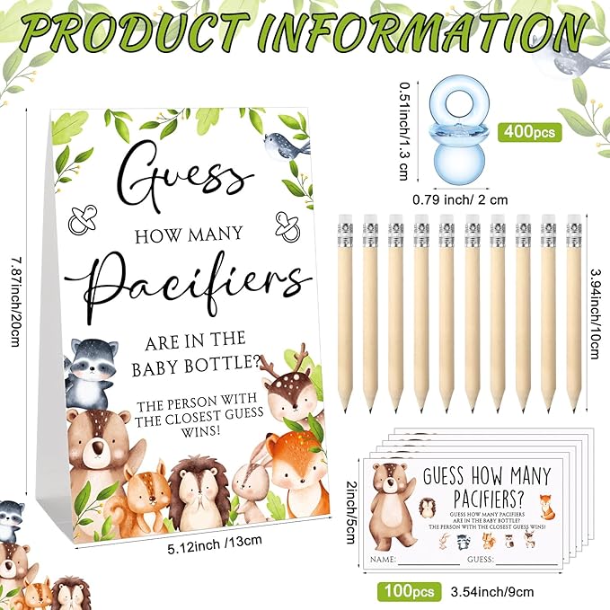 Roowest 512 Pcs Baby Shower Games Guess How Many Pacifiers Sign 100 Small Guessing Games 10 HB Pencils 750ml Milk Bottle 400 Acrylic Pacifiers Decoration for Guest Gender Reveal(Bright,Woodland)