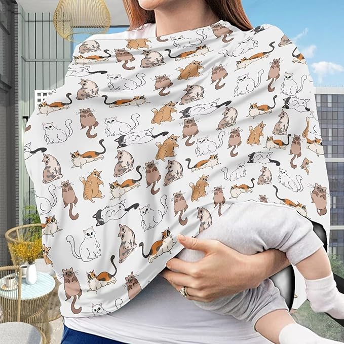 Cute Cat Multi-Use Car Seat Canopy Cover Dust Cover Reusable Soft Infant Stroller Cover Lightweight Breastfeeding Shawl Wind-Protected Stroller Canopy Covers