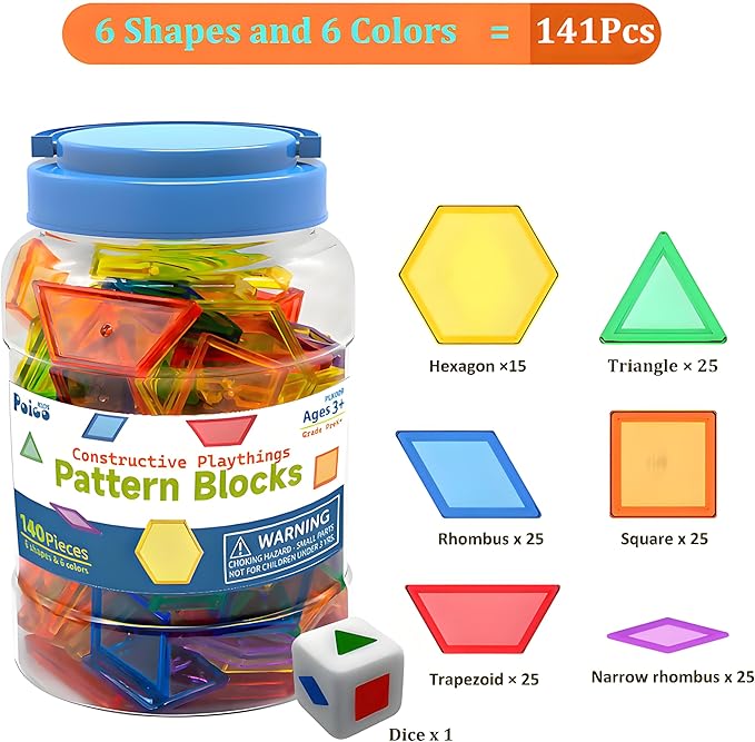 EXBEPE Translucent Pattern Blocks for Classroom 140 Pcs Kids Light Table Manipulatives Toys Education Learning Geometric Shapes