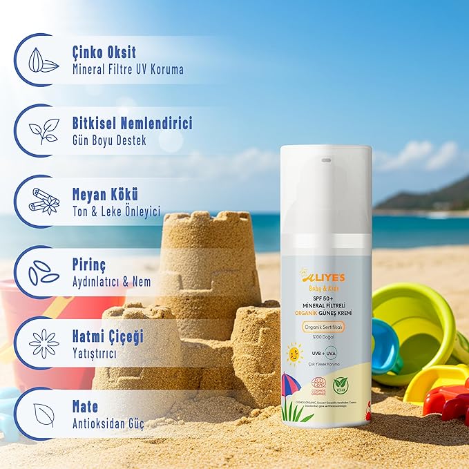 ALIYES SPF 50+ Organic Baby&Kids Mineral Sunscreen – Safe for Babies - Water Resistant Sun Cream – Broad Spectrum UVA/UVB Sun Protection – Vegan Baby Sunscreen Lotion, 1.69 FL