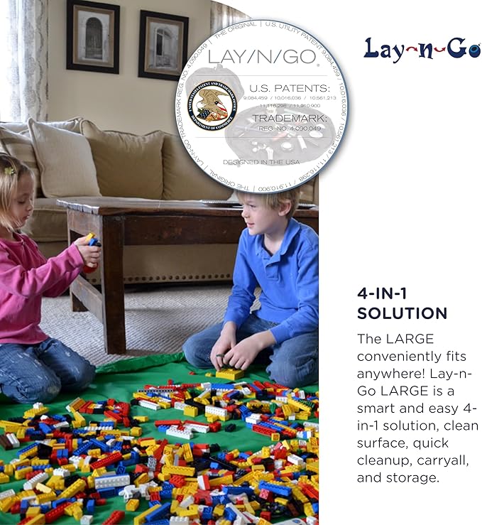 Lay-n-Go Layflat Portable Drawstring Cinch Storage Toy & Mini Figures Organizer & Play Mat, Mesh Pockets, Home & Travel, Kids & Toddlers Playdates, 2 Straps for Backpack, Durable, Machine Washable
