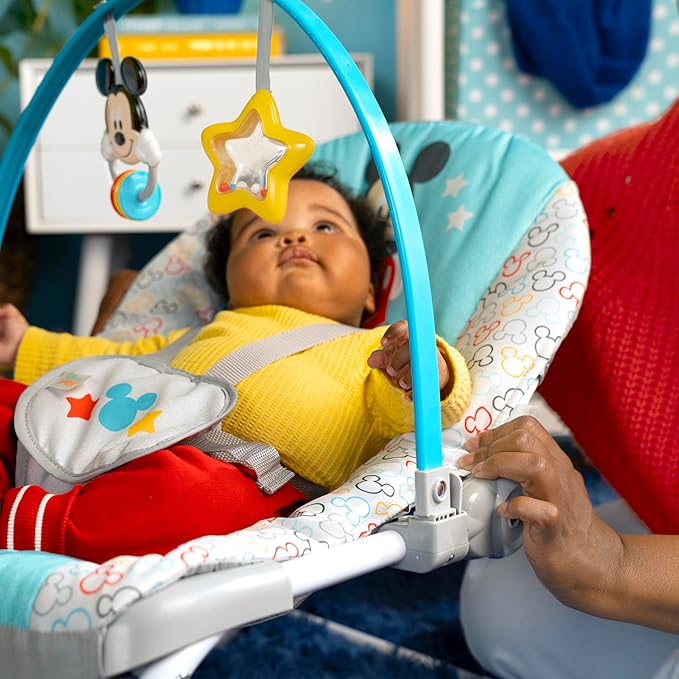 Bright Starts Disney Baby Mickey Mouse Infant to Toddler Rocker & Seat with Vibrations and Removable -Toy Bar, 0-30 Months Up to 40 lbs (Original Bestie)