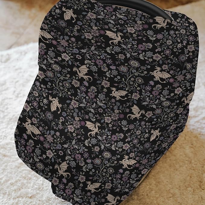 Fantasy Floral Dragons Car Seat Cover for Baby Fairytale Dragon Gothic Black Purple Flowers Stretchy 5-in-1 Cover Adjustable Car Canopy Breastfeeding Cover Fantasy Animal Breathable Nursing Cover-Up