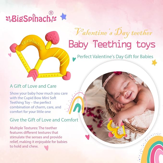 BIGSPINACH Teethers Heart Shape Silicone Baby Teether Toy Easy for Little Hands to Hold,Cupid Bow and Arrow Soft Teething Toy for Infants,Valentine's Gift for Girl or Boy (Yellow)